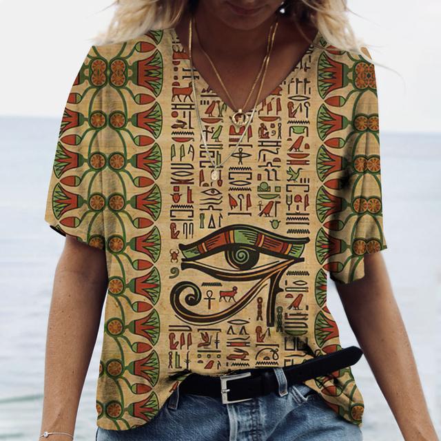 2023 Women's V-neck T-shirt Street Ancient Egyptian Ethnic Costume Print Women's Top Short Sleeve Casual Fashion Women Clothing