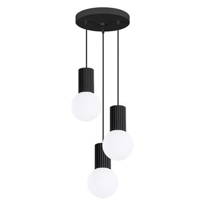 Lampa Wisząca Nowoczesna Okrągła Potrójna Czarna Ryflowana Szklane Białe Kule Do Salonu Jadalni Nad Stół 3Xg9 8W Halo Sollux Lighting