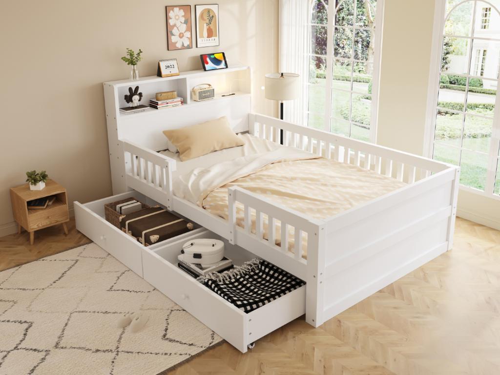 Wooden Bed 90 x 190 cm, USB and Type-C Combo Socket, LED Light, Headboard with Storage Function, Children's Bed, Multifunctional Bed, Pine Wood, White