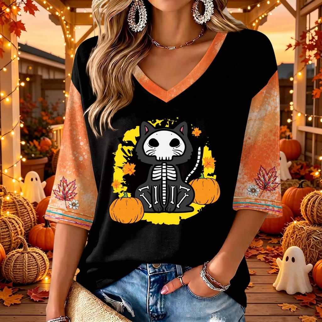 Women's V-Neck Casual Halloween Print Three-Quarter Sleeve Top for Fall Festive Occasions