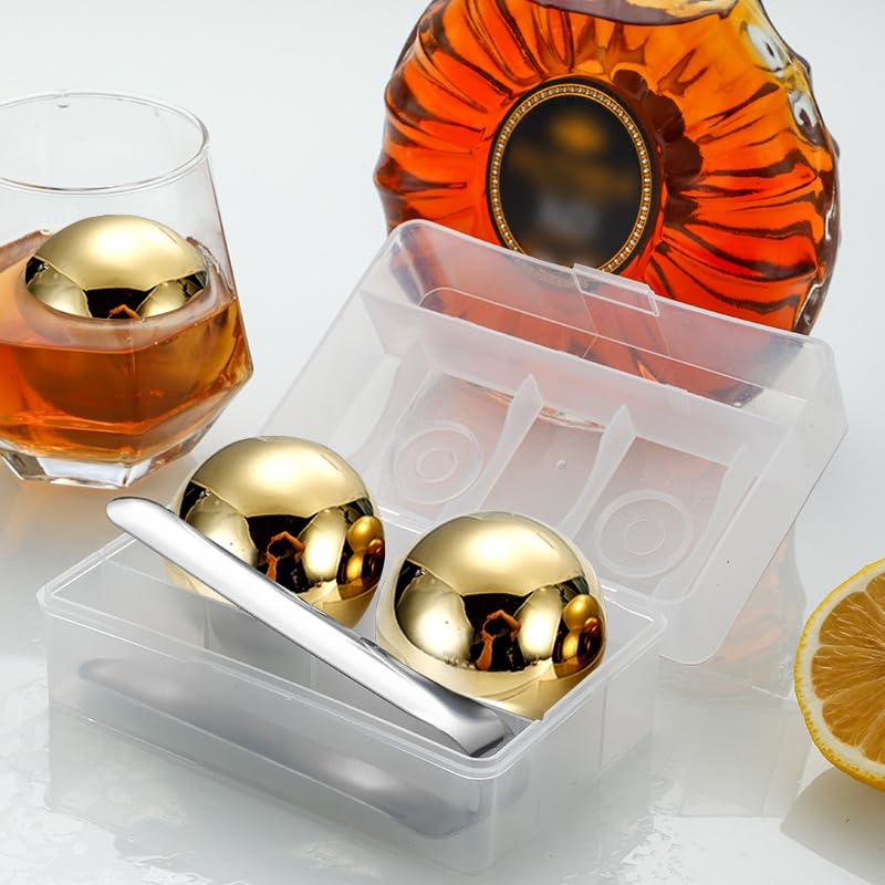 Stainless Steel Ice Ball Maker Set with Whiskey Stones, 5.5cm Diameter, Set of 2, Includes Storage Case and Ice Tug, Reusable Non-Melting Ice