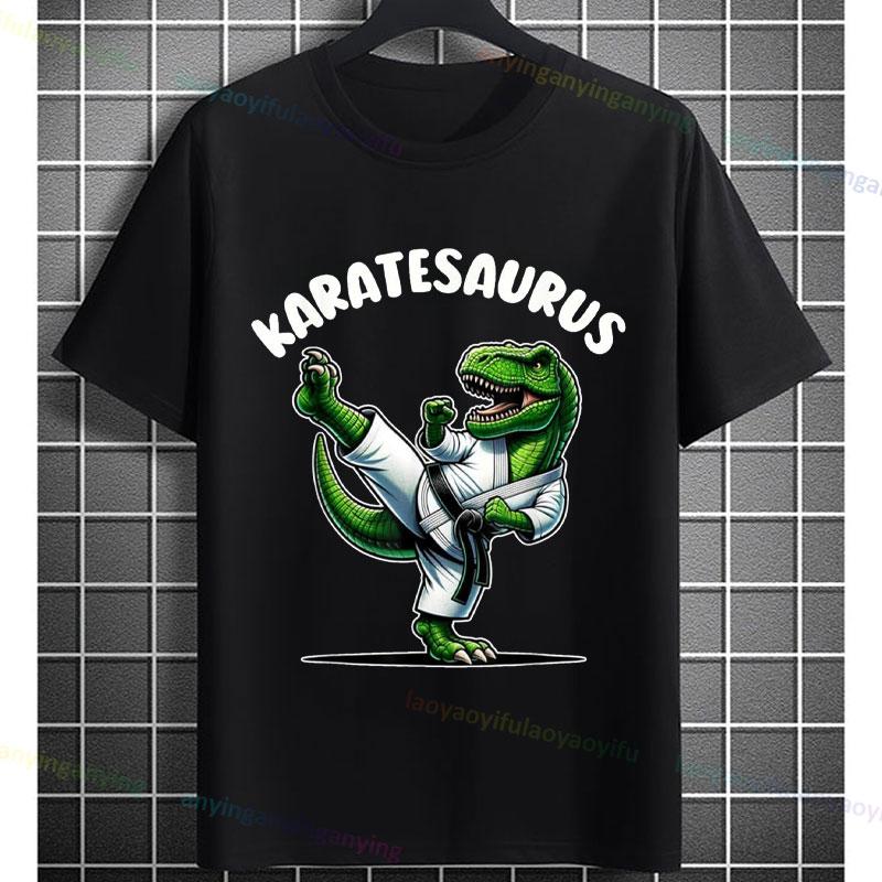 Funny Karatesaurus Dinosaur T Rex In Karate Black Belt Graphic Tshirt Pure Cotton Humor Style Shortsleeve Casual Sports Tee
