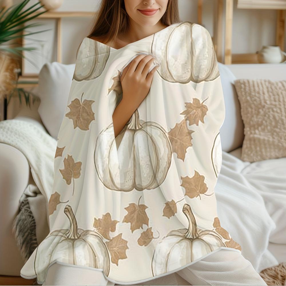 All Season Flannel Blanket Soft Cozy Autumn Throw Pillow Pumpkin Prints Orange Beige Brown Warm Decoration Machine Washable