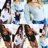 Elegant Womens V Neck Plunge Long Sleeve Plain Stretch Bodysuit Catsuit Leotard Top