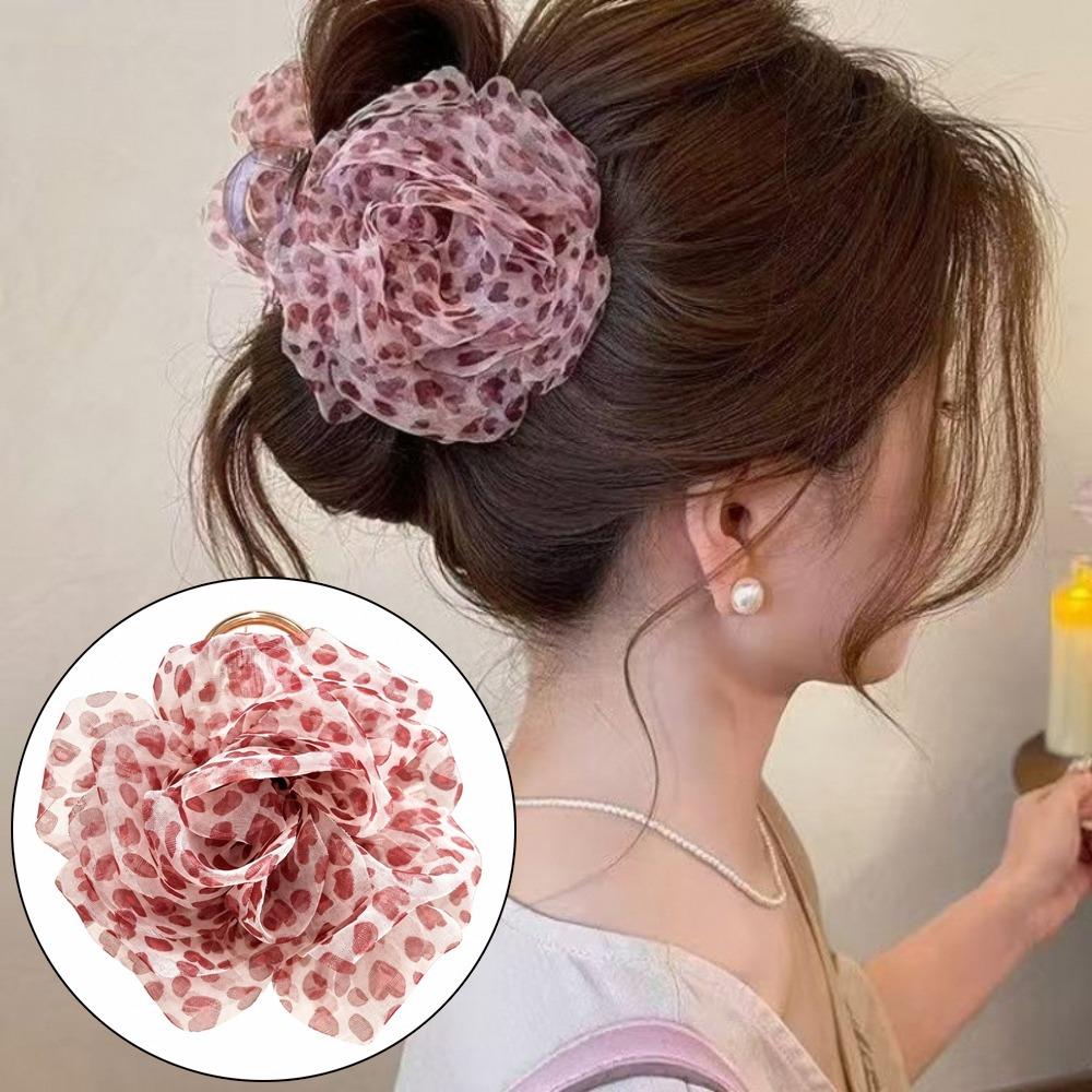Fabric Flower Hair Claw Clip Floral Mesh Large Hair Grab Clip Leopard Print Hair Clip For Women