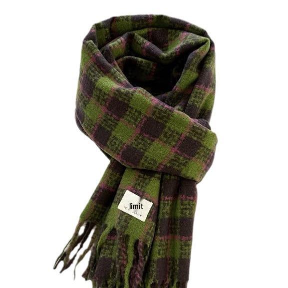 Women's Korean-Style Imitation Cashmere Plaid Scarf – Thick, Warm, and Versatile for Fall and Winter