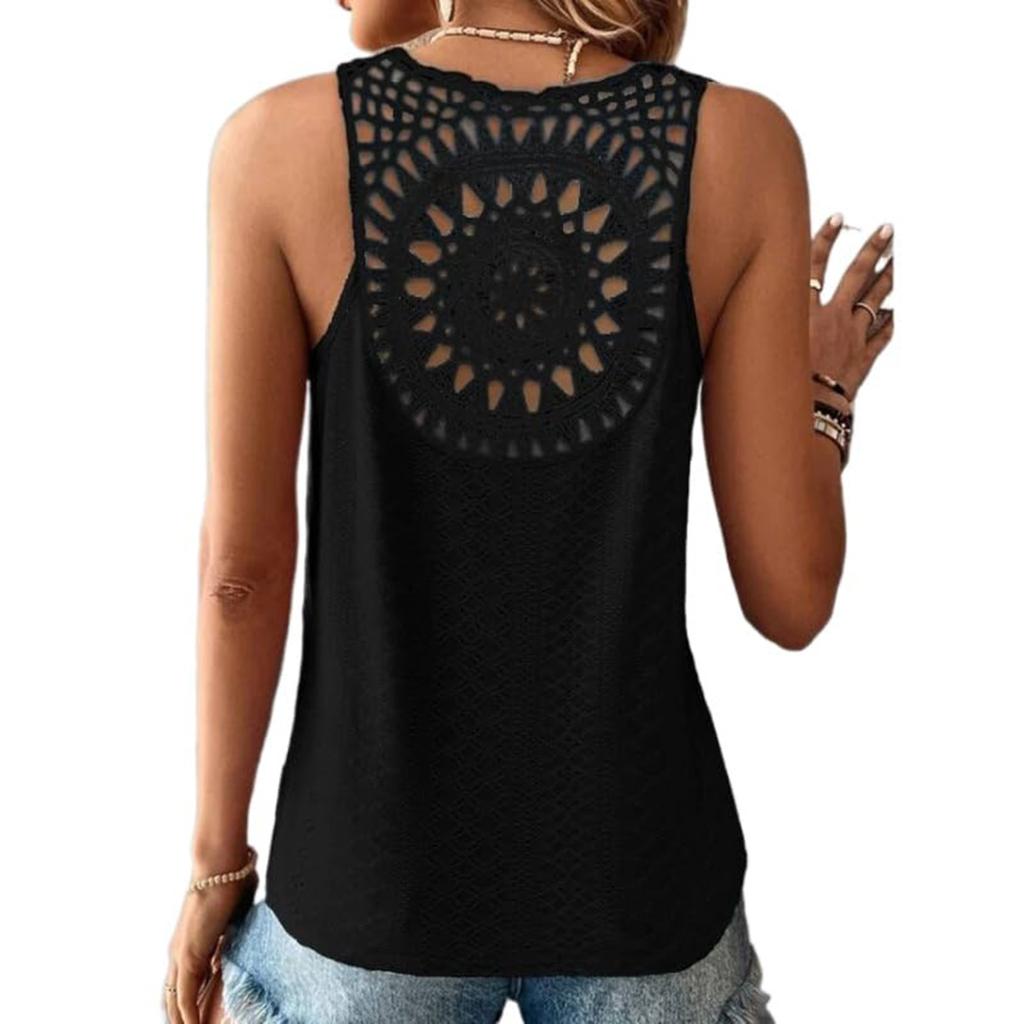 Women's Fashion Casual Colour Sleeveless Back Hollow Out Lace T-Shirt Top