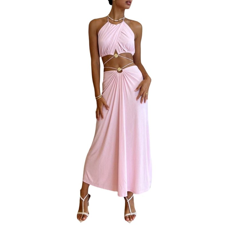 

High Waisted Sleeveless Large Hem Dress High Waist Sleeveless Swing Dress Pink L