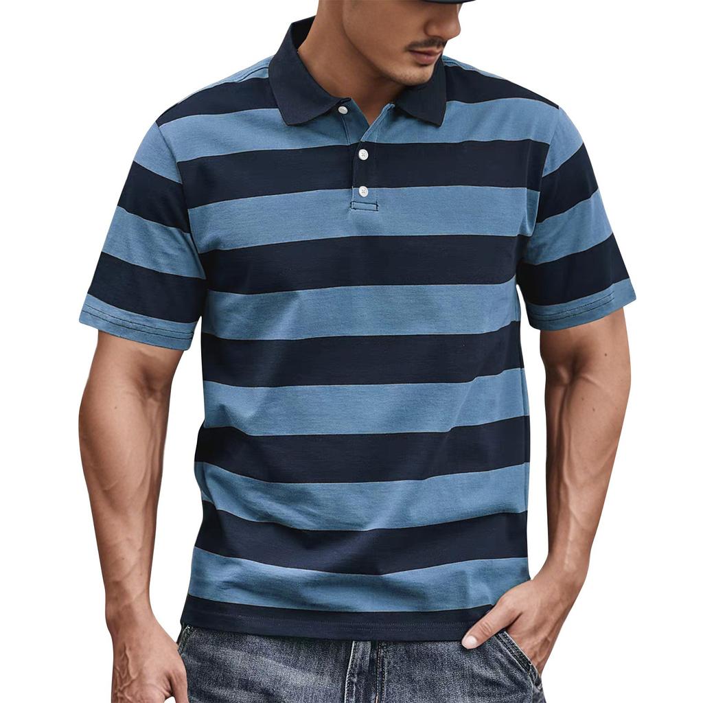 Men's Summer Stripe Print Button Lapel Loose Short Sleeve Top