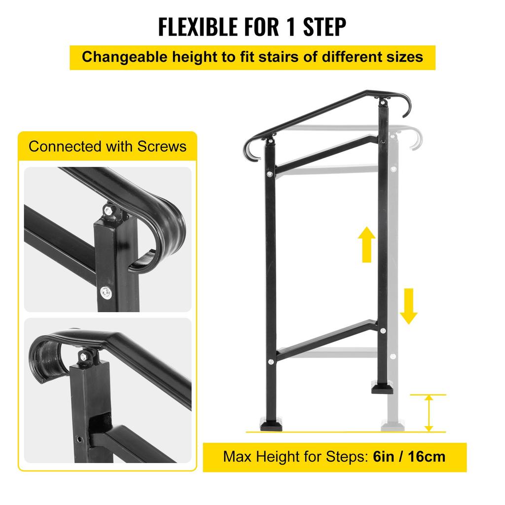 VEVOR Wrought Iron Handrail, Fit 1 or 2 Steps Outdoor Stair Railing, Adjustable Front Porch Hand Rail