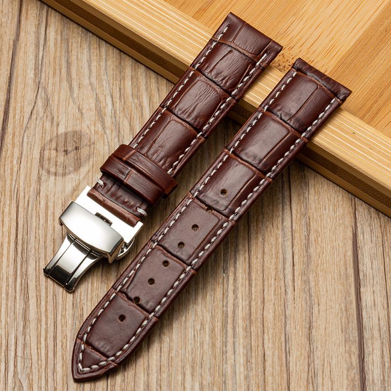 Bamboo Pattern Genuine Leather Watch Strap with Soft Cowhide and Butterfly Buckle for Men and Women