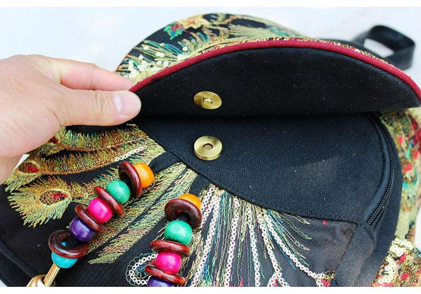 Ethnic Embroidered Women's Backpack with Sequins and Phoenix Peony Design