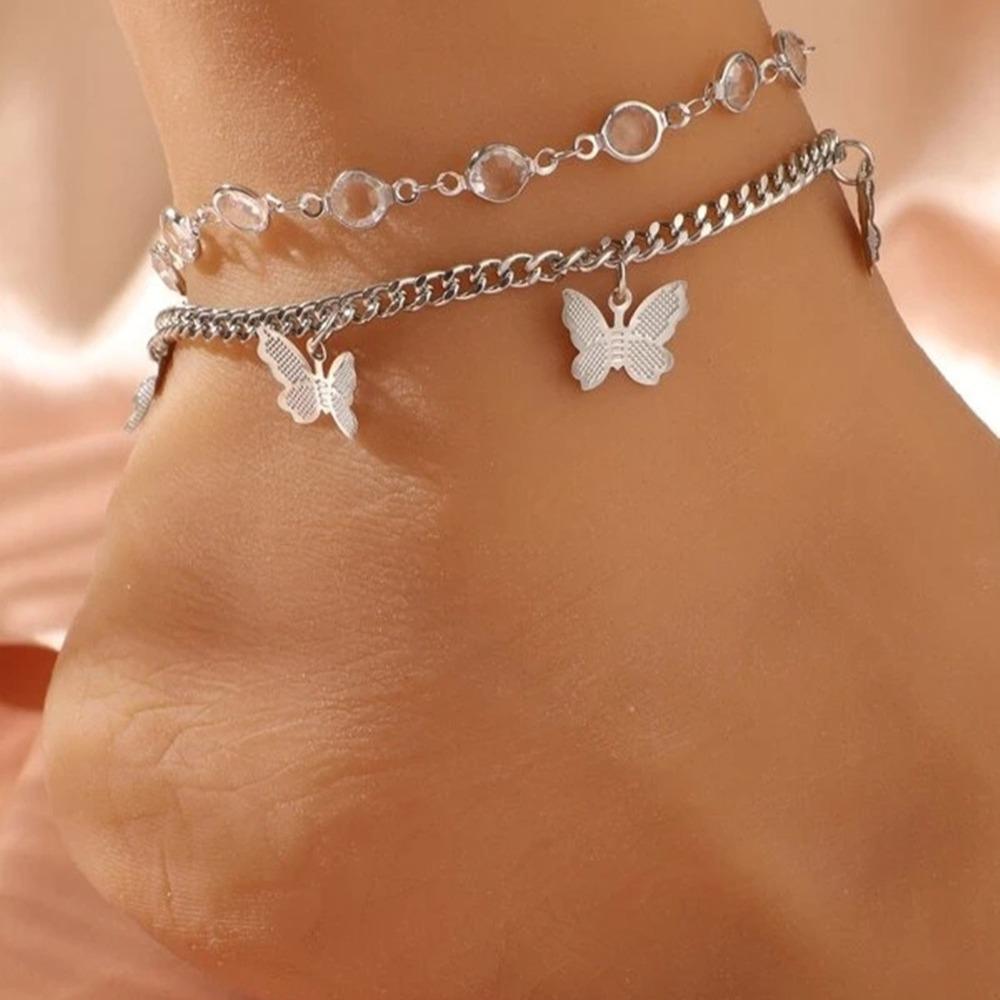 Europe and the United States hot-selling rhinestone butterfly pendant double anklet women, simple and fashionable foot two-piece set