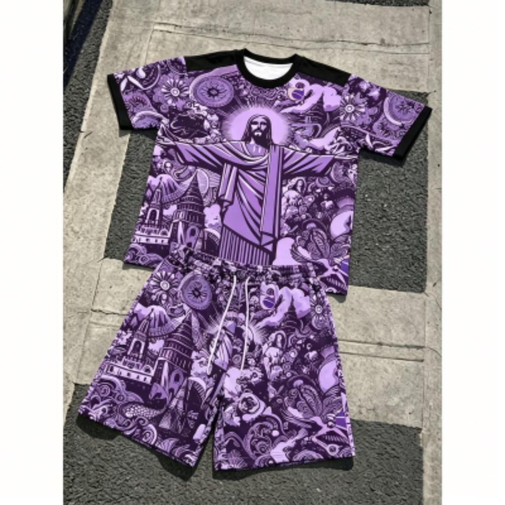 Fashion JESUS Printing Outdoor Street Men's T-shirt and Shorts 2 Piece Set Summer Casual Outfit Men's and Women's Sports Set