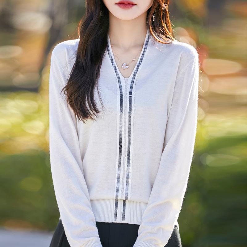 

Женский шерстяной пуловер с V-образным вырезом и стразами, весна 2025 XXL