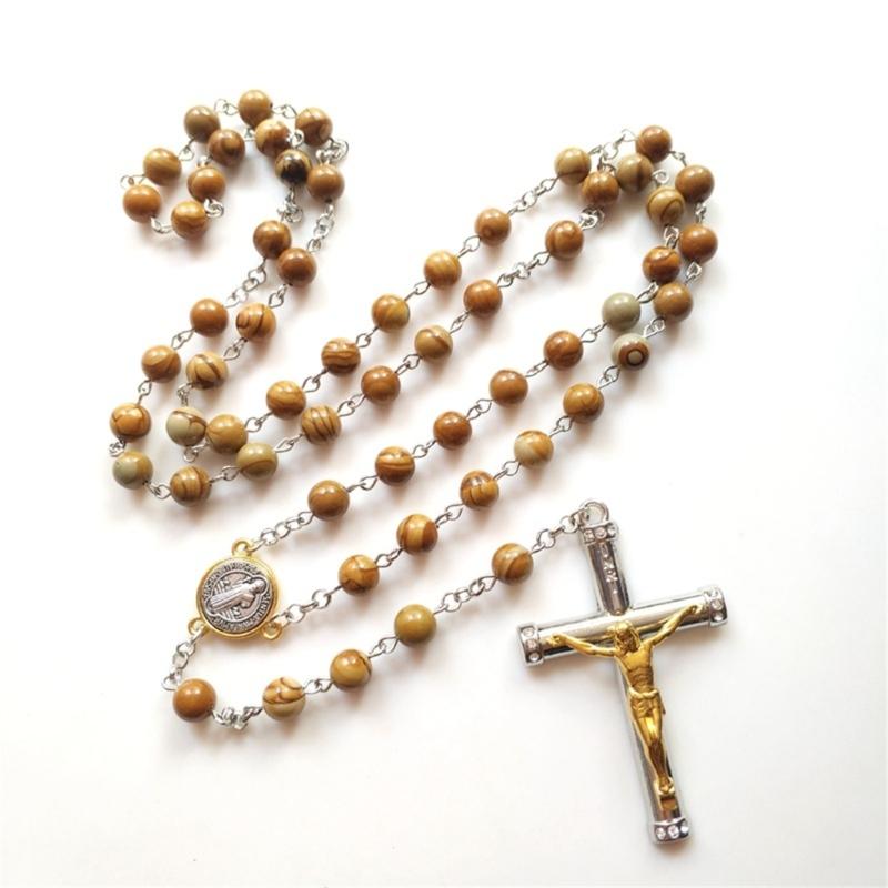 Church Yoga Wood Grain Stone Cross Rosary Necklace Bead Chain Pendant Ornaments for Home Church Yoga Room Decorations