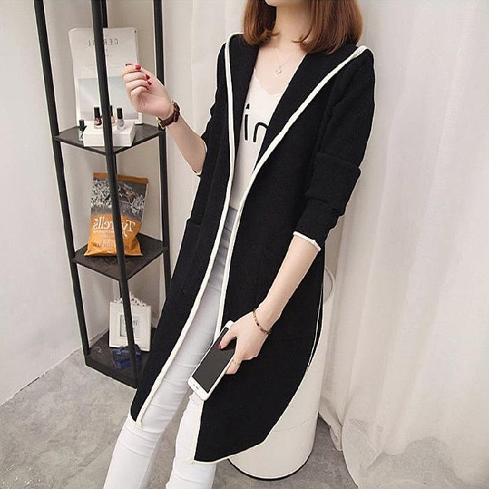Women s Hooded Long Sleeve Cardigan Loose Fit Casual Contrast Trim Long Cardigan M