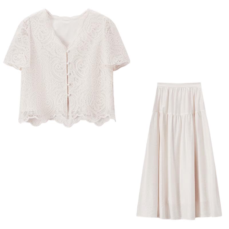 Women s V-Neck Lace Embroidery Two-Piece Skirt Set S