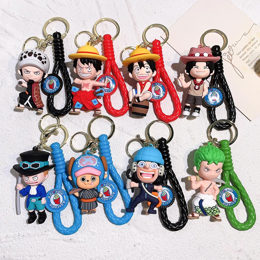 One Piece Anime 3D Silikon Schlüsselanhänger Set Geflochtenes Armband Luffy Zoro Ace Law Chopper Sabo Taschenanhänger Anhänger Geschenk Für Fans