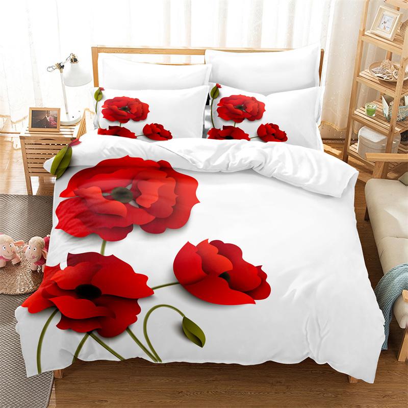 Juego de cama de rosas rojas Funda nórdica de flores Juego de cama 3d Juego de cama moderno Suave Cálido Juego de cama para niña Cama King Doble Juego de funda nórdica