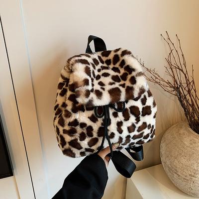 Plush Imitation Rabbit Fur Backpack Women'S Large-Capacity Drawstring Leopard Print Solid Color Small Backpack
