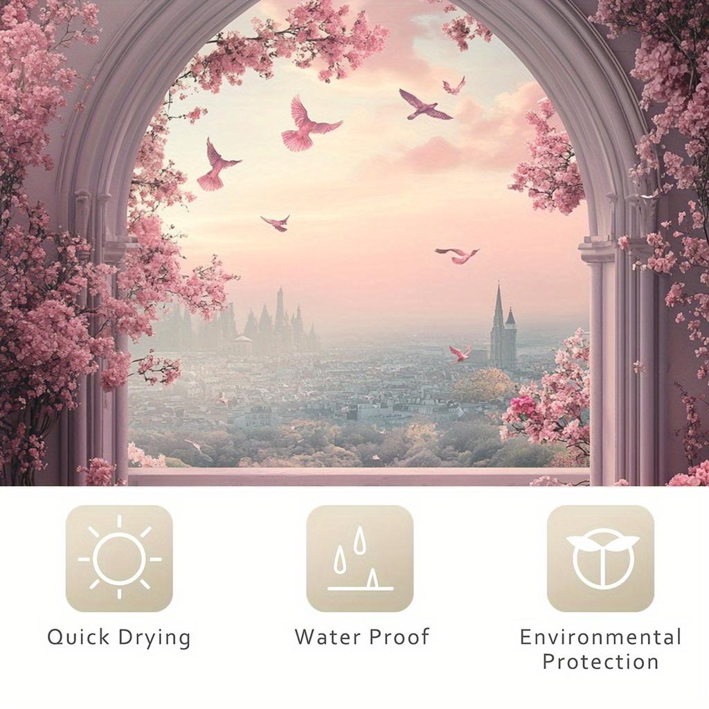 1-Pack Fantasy Castle Balcony Shower Curtain - Polyester With Hooks, Beautiful Floral And Cityscape Design, Cityscape Picture