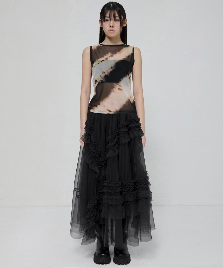 Peulleeoeob Tulle Layered Long Skirts (Fl-266_Black)
