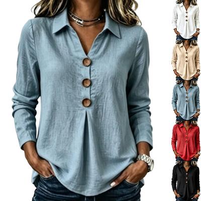 Women's Cotton Linen Button Down Long Sleeve Blouse, Color Casual Shirt
