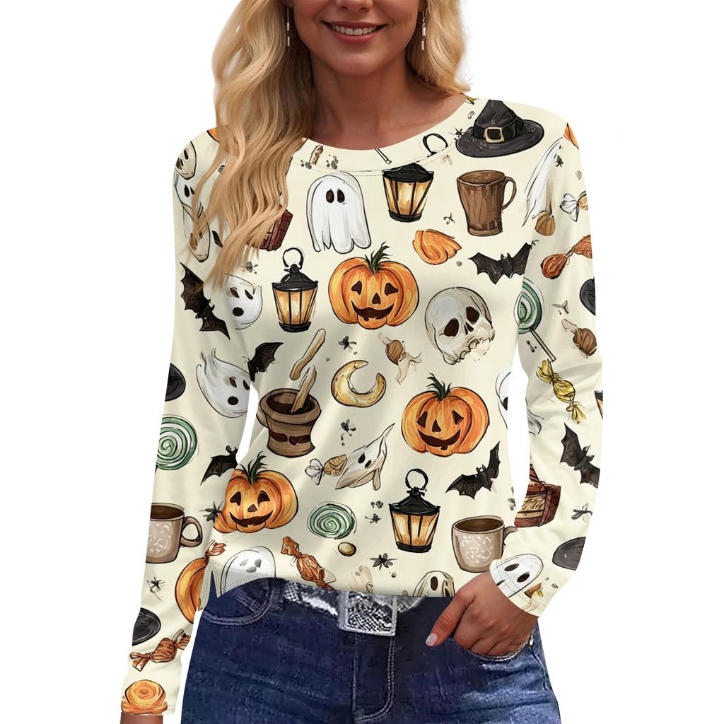 Women's Fashion Long Sleeve Neck Top with Hem Slit Halloween Print for Party
