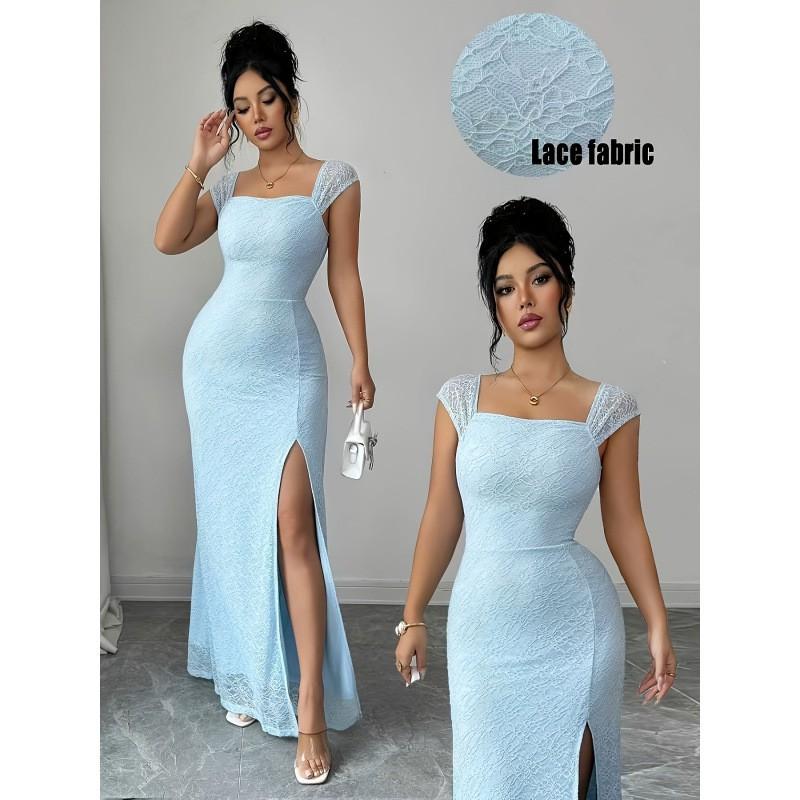 Elegant French-Inspired Knit Lace Texture Midi Dress With High Side Slit Square Neck Sleeveless Waist Slim Fit Small светло-синий