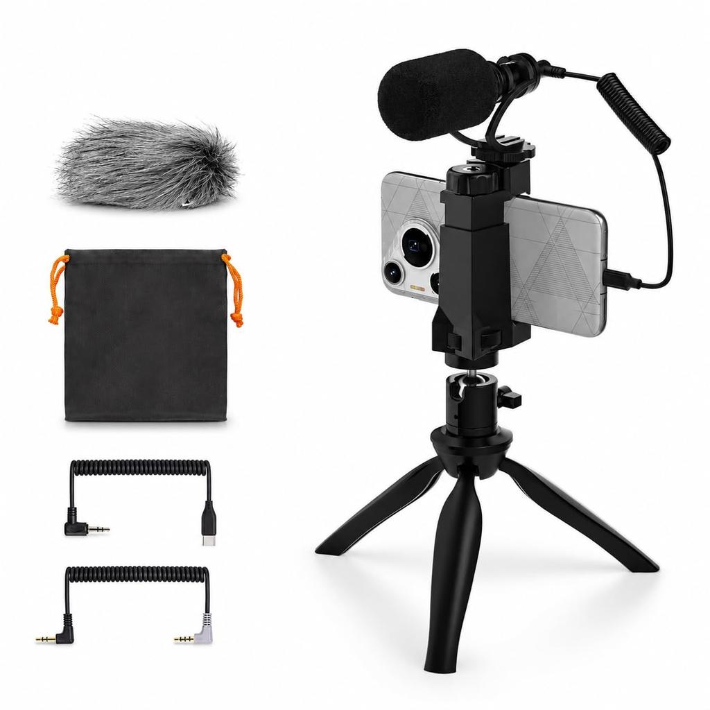 COMICA CVM-VM10-K2 Smartphone Microphone Video Recording Kit: Shotgun Microphone for Smartphones, Directional, with Mini Tripod and Smartphone Holder,