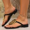 Fashion Luxury Large Metal Hollow Clip Toe Slippers PU Leather Square Head Flip Flops Soft Sole Comfortable Low Platform Sandals