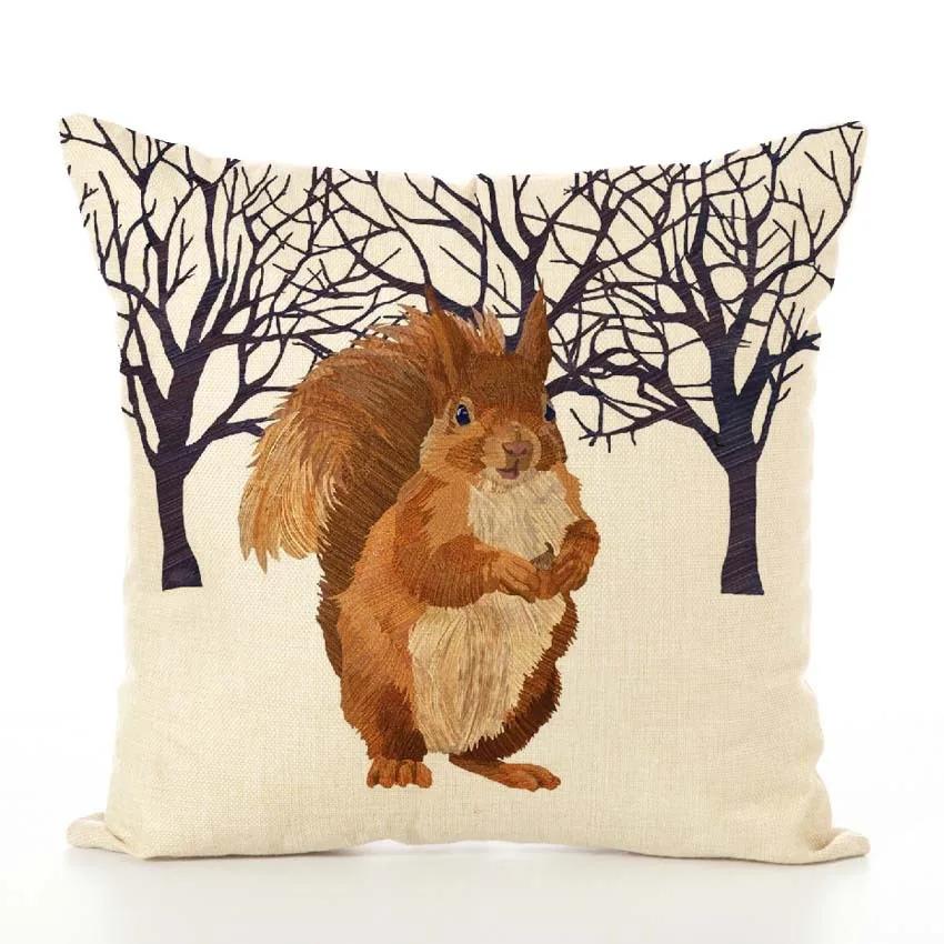 Decorative Cushion Cover Squirrel Bird Bear Fox Animal Printed Cotton Linen Pillowcase Couch Sofa Pillow Cover Living Room Decor