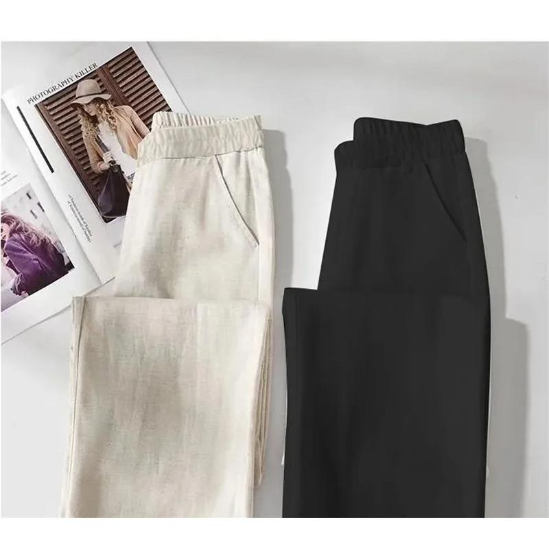 Leinen Weiter Bein Hosen Damen Sommer Dünn Elastisch Hohe Taille Lange Hosen Herbst Lässig Locker Gerade Hosen