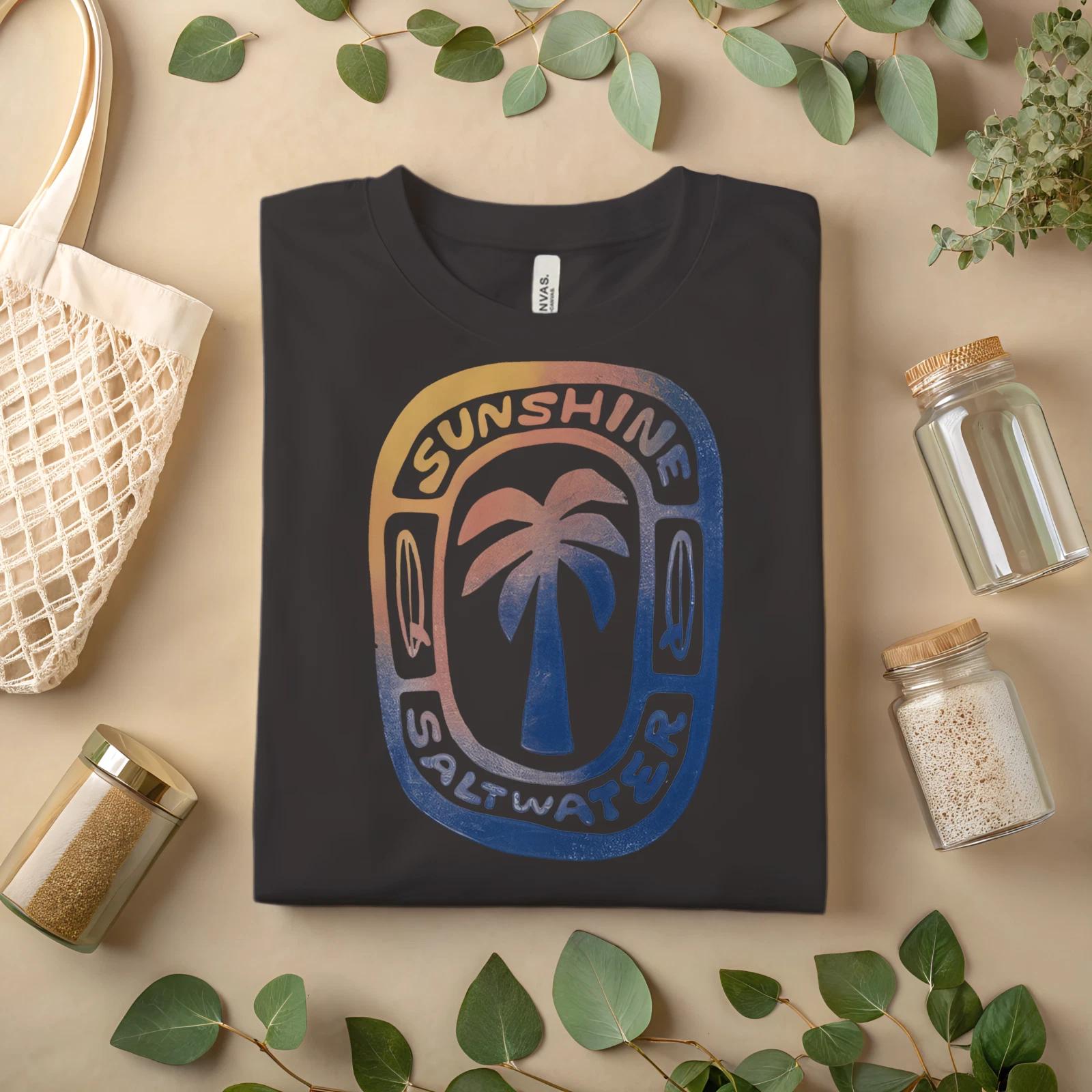Sunshine Saltwater T-Shirt – Retro Palm Tree Surf Beach Graphic Tee A472 2XL