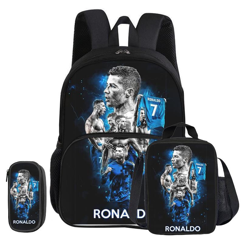 Ronaldo 3 Pcs Set with Front Pocket Backpack Football Sport with Thermal Insulated Lunch Tote Purse CR Football Star Pencil Case
