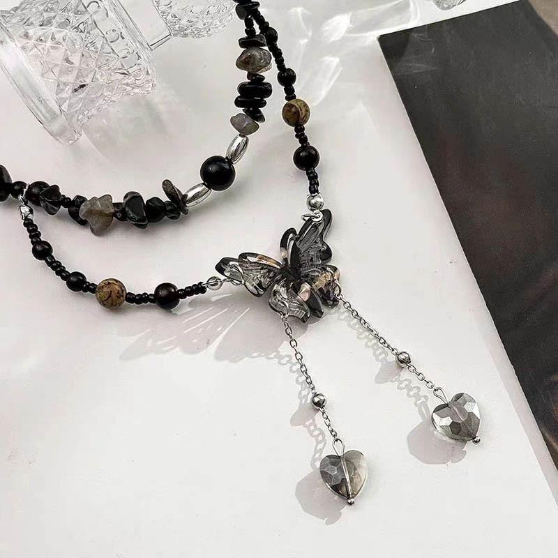 Chinese Butterfly Gravel Beaded Double-Layer Necklace with Tassels - Women's Retro Style Clavicle Chain