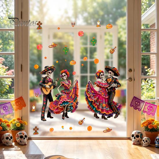 Durable Sunproof Glass Stickers Day of The Dead Window Clings, Halloween Double-Sided Skull Sticker, Versatile Indoor Outdoor Decorations Colorful