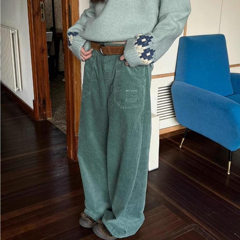 

Ретро Вельветовые Повседневные Брюки Прямого Кроя для Женщин на Осень и Зиму Свободные и Широкие Штанины S зелёный