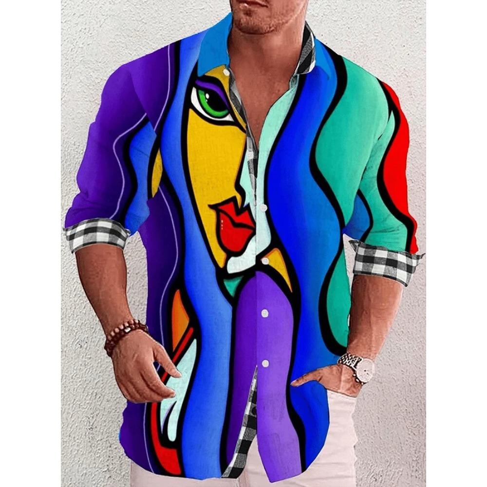 2024 New Men's 3D Art Painting Fashion Print Single Breasted Long Sleeve Shirt Casual Shirt Men's Loose Lapel Long Sleeve