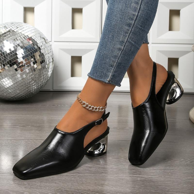 Fashion Square Toe Shaped Heel Mid-High Heels Skinny Feet Simple Fashion Shallow Mouth One Strap Versatile Soft Side Sandals