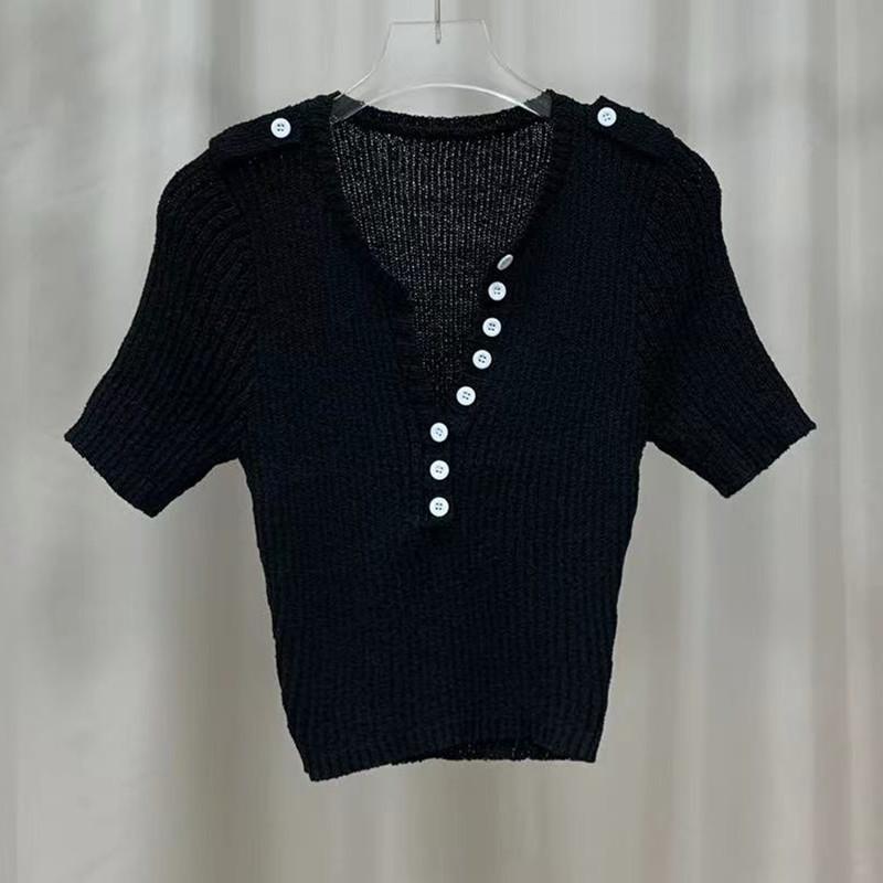 

Карамельный цвет V-образный вырез застежка-пряжка короткая секция трикотажная рубашка летняя тонкая узкая рубашка сто маленьких топов женская повседневная базовая облегающая футболки-пуловеры One size чёрный