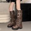 Winter Punk Style Belt Buckle Women Pipe High Boots Fashion Platform Heels Shoes Female Concise Height Increase Long Booties