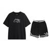 Li-Ning Minimalist Letter Logo Print Round Neck Loose Short Sleeve Mid Waist Tied Shorts Casual Sports Set Unisex sets Black AHSVD57-1+YAPV001-1