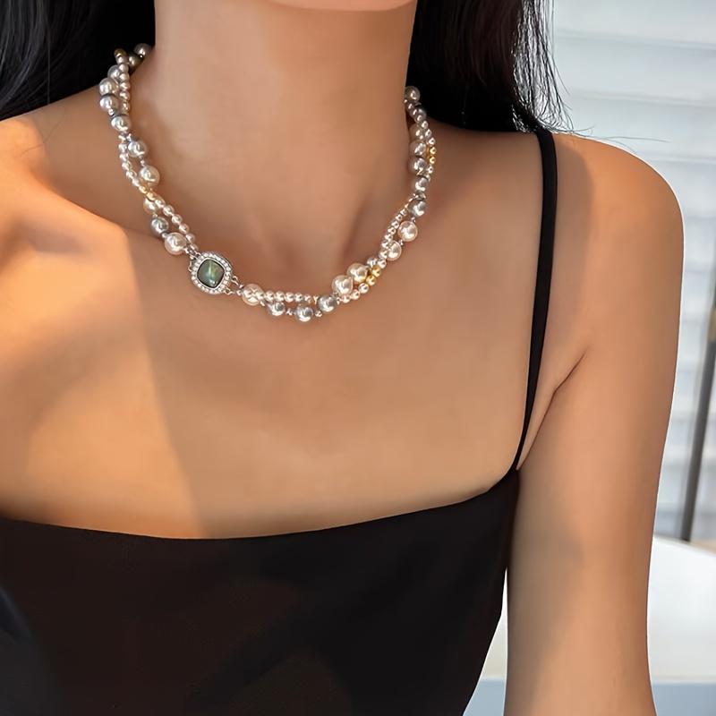 Double Layered Twisted Mixed Color Imitation Pearl Necklace, French Sweater Chain, Light Luxury Collarbone Chain, Party Gift