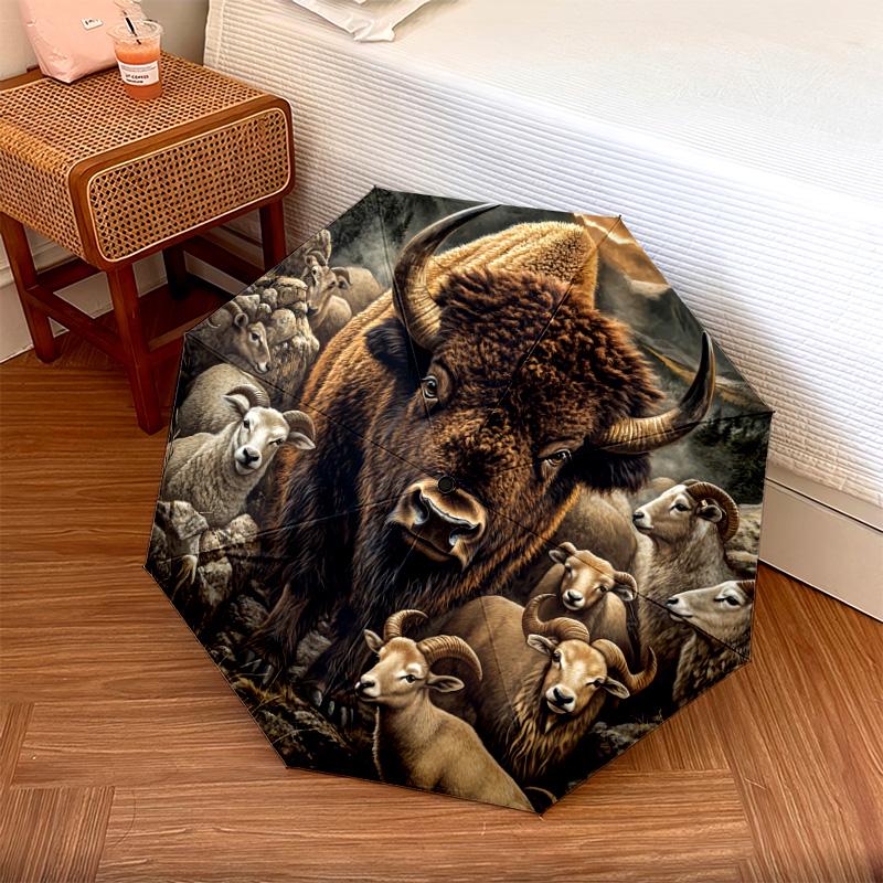 1 шт. Автоматический складной зонт - Узор с бизонами и овцами, Портативный и складной дизайн с 8 спицами, Рождественские и новогодние подарки