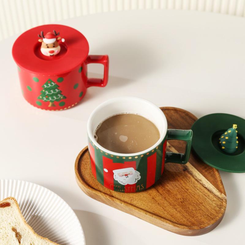 Cute Elk Christmas Ceramic Mug Set with Lid & Spoon - Perfect Holiday Gift