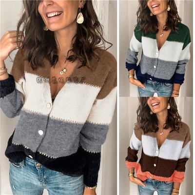 Autumn New Fashion Cardigan Striped Button V-neck Knitted Sweater Warm Loose Outer Sweater Women's Versatile