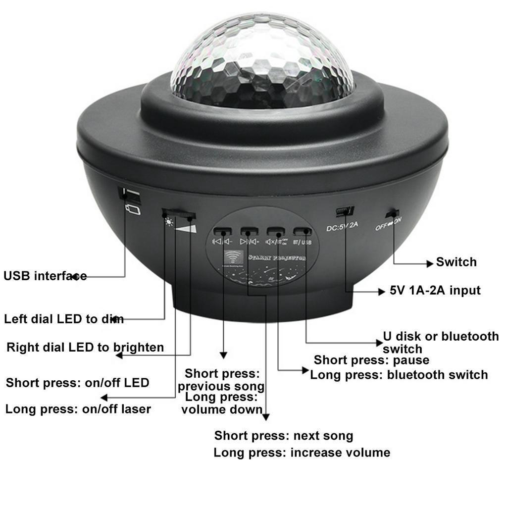 New USB LED Star Projector Night Light Galaxy Starry Night Lamp Ocean Wave Projector with Music Bluetooth Speaker Remote Control for Kid