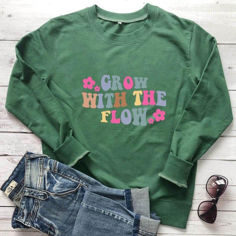 Colored Grow with the Flow Sweatshirt Trendy Women Long Sleeve Jumper Boho Flower Motivational Pullovers